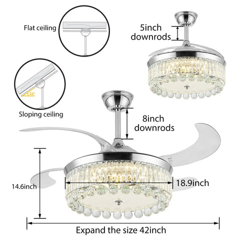 Diagram of 42 Inch Reversible Crystal Ceiling Fan With Lights And Remote Control, showing dimensions and blade expansion, for flat and sloping ceilings.