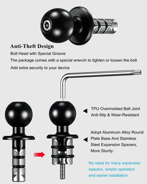 Beefy Metal Motorcycle Fork Stem Mount Base With 1 Inch TPU Ball For Stem Holes 12mm To 25.4mm Includes Dual Spacer Set