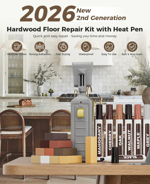 No Sweat Touch Up Kit For Scratches Cracks Dents Stains On Laminate Vinyl Hardwood Floors Or Wooden Furniture features heat pen and wax blocks.