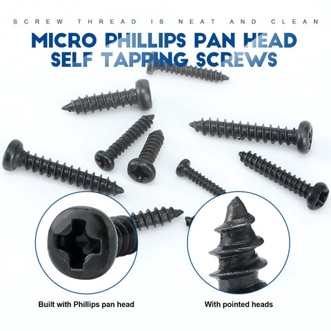 Top Shelf Micro Phillips Countersunk Tapping Screws Assortment Set, M1.2 Through M3 black screws with pan and pointed heads.