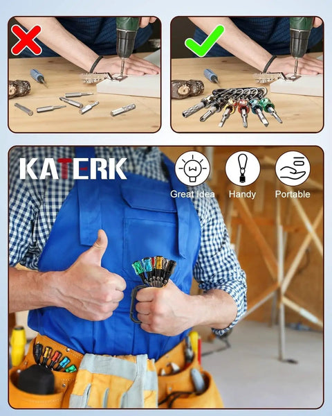 Six Piece One Quarter Inch Hex Shank Aluminum Bit Holder Set With Quick Change Extension Bar Keychain Drill Adapter in use, shown in tool belt and hands.