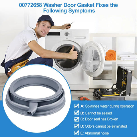 Beefed Up 00772658 Washer Door Boot Seal Replacement Kit for Front Load Gasket shown with installer beside Bosch washer