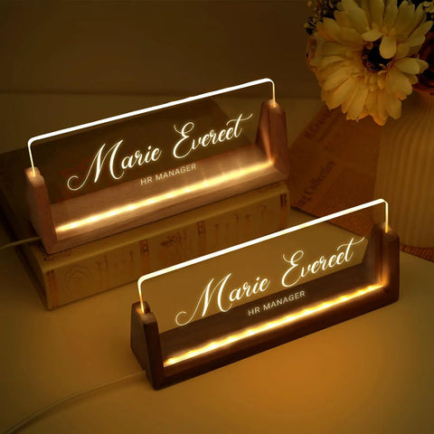 Personalized Light Up Desk Name Plate With Your Name Title Or Motto, Dope Acrylic Desk Nameplate For Bosses displayed on a desk.
