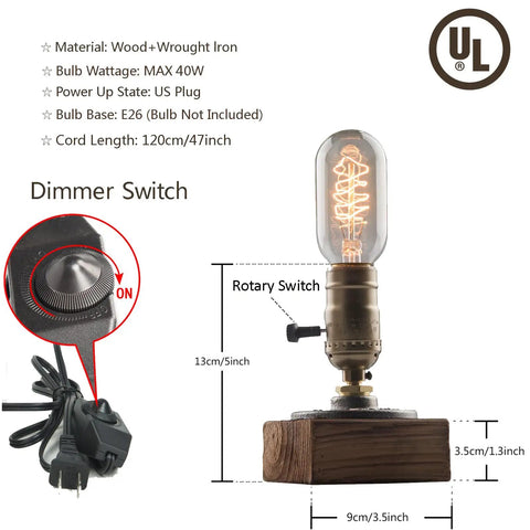 Vintage Table Lamp With Industrial Dimmable Night Light And Steampunk Desk Lamp E26 Socket with rustic wood base