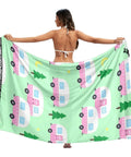Pool Wrap Skirt Loose Fit Ultra Lightweight Polyester Beach Ready Cover Up For Summer, design features green and pink pattern.