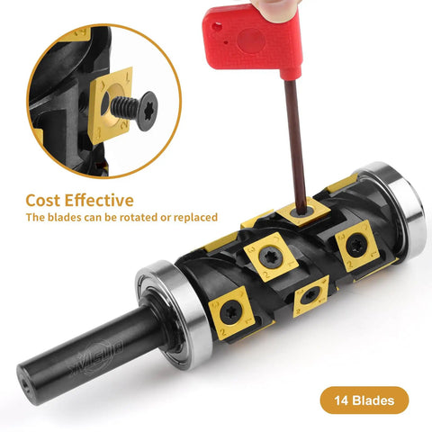 Tough As Nails Heavy Duty Double Bearing Flush Trim Router Bit With 14 Pc TiN Coated Carbide Inserts And 1/2 Inch Shank showing replaceable inserts.