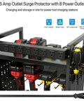Power Tool Organizer Cart With Built In Charging Station And Eight Outlet Power Strip Four Tier Rolling Garage Tool Cart Heavy Duty Floor Standing Storage Rack Supports Up To 500 Lb Includes Drill Holder And Pegboard Hooks Built For Tough Jobs, shown with tools and outlets