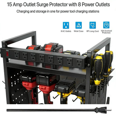 Power Tool Organizer Cart With Built In Charging Station And Eight Outlet Power Strip Four Tier Rolling Garage Tool Cart Heavy Duty Floor Standing Storage Rack Supports Up To 500 Lb Includes Drill Holder And Pegboard Hooks Built For Tough Jobs, shown with tools and outlets