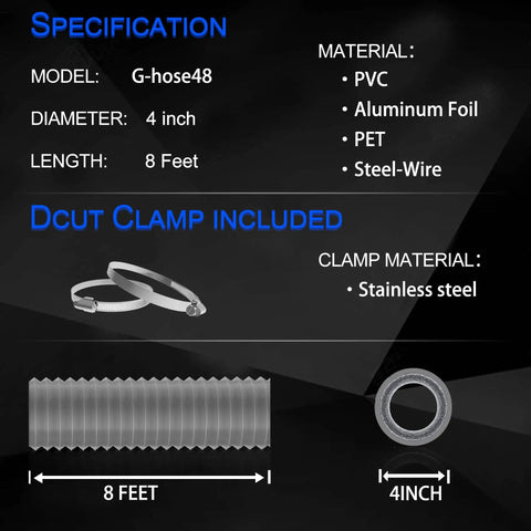 4 Inch Dryer Vent Hose With Six Layer Construction Flexible Insulated Air Ducting Easy Install PVC Aluminum Foil Shield Grey With Two Clamps For Efficient HVAC Ventilation showing product specifications.