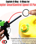 Replacement O Rings For Scepter SmartControl Gas Can Spout 4 Pack black rubber seal shown with spout and fuel can