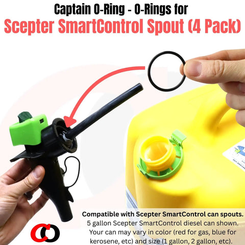 Replacement O Rings For Scepter SmartControl Gas Can Spout 4 Pack black rubber seal shown with spout and fuel can