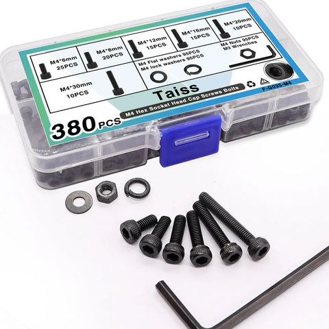 380 Piece M4 Hex Socket Head Screws Kit with Nuts Washers and Wrench, 12.9 Grade Alloy Steel, Black Zinc Plated, DIY Ready