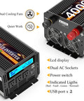 Top Notch 4000 Watt Power Inverter Juices Up Your Rig Converting 12V Dc To 110 Or 120V Ac For Rvs Cars And Off Grid Solar Builds With Wireless Remote Smart Lcd And Fast Charge Ports, featuring dual cooling fans.