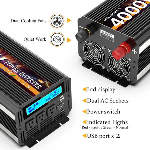 Top Notch 4000 Watt Power Inverter Juices Up Your Rig Converting 12V Dc To 110 Or 120V Ac For Rvs Cars And Off Grid Solar Builds With Wireless Remote Smart Lcd And Fast Charge Ports, featuring dual cooling fans.