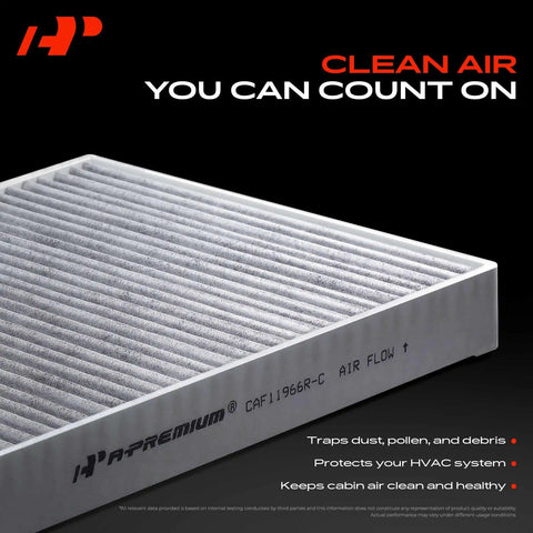 Close-up of cabin air filter with activated carbon for Jeep Gladiator and Wrangler, showing pleated design and air flow indicator.