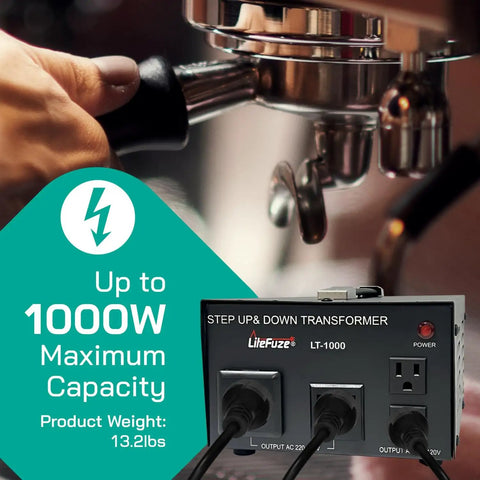 Image showing 1000 Watt Voltage Converter Step Up And Down For 110V To 220V Or 220V To 110V, with universal socket and grounded cord.