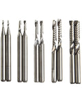 Carbide end mill set, 10 pieces with 1/8-inch shanks, upcut single-flute router bits for CNC milling.