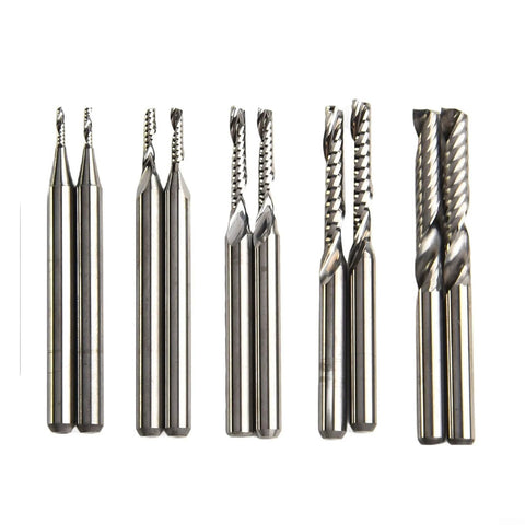 Carbide end mill set, 10 pieces with 1/8-inch shanks, upcut single-flute router bits for CNC milling.