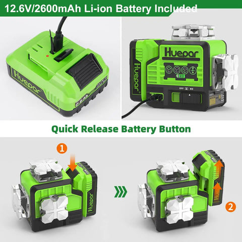 Pro Grade 12V Self Leveling Laser Level With Bluetooth Dual 360 Degree Green Beams High Brightness Cross Line 11 Hour Li Ion Battery Magnetic Bracket P02CG showing 12.6V Li-ion battery and quick release feature