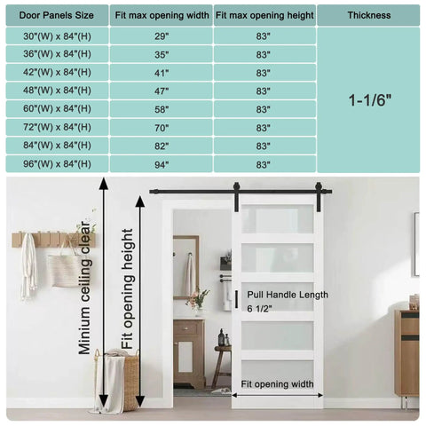 Top Shelf Frosted Glass Interior Barn Door With Six Foot Sliding Track Kit Scratch Resistant White Steel Frame diagram with size details.