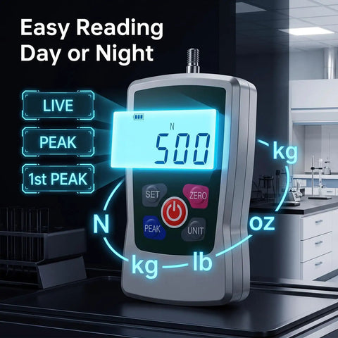 Beefy 500N Digital Force Gauge With Real Time, Peak And First Peak Modes For Tension And Compression Testing, Backlit LCD Screen, Four Units N Kg Lb Oz, High Precision Inner Sensor, Easy Trigger Pull For DIY, Lab Or Workshop with backlit display