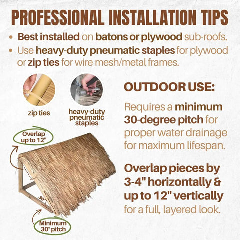 Professional installation tips for Mexican Palm Thatch Roll 35 Inch By 30 Ft Natural Tiki Bar Roof Palapa Thatched Roof