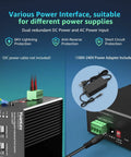 Industrial 10 Port PoE Switch With Eight PoE Ports 240W Total Power And 120W Adapter Included, showing power interface features