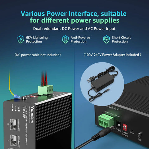 Industrial 10 Port PoE Switch With Eight PoE Ports 240W Total Power And 120W Adapter Included, showing power interface features