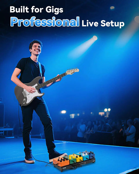Guitarist performing with Guitar Pedal Board With Power Supply 10 Isolated Outputs Aluminum Alloy Portable Pedal Board.