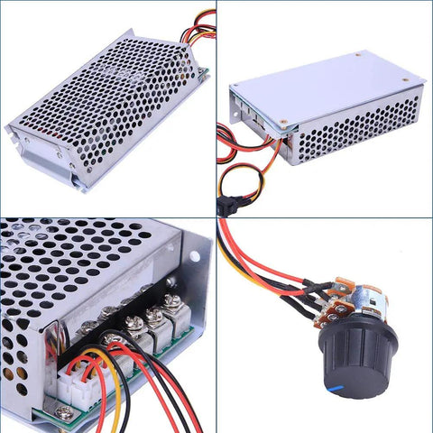 DC Motor Speed Controller 10-50V 100A Peak 5000W PWM Regulator with visible wiring and control knob