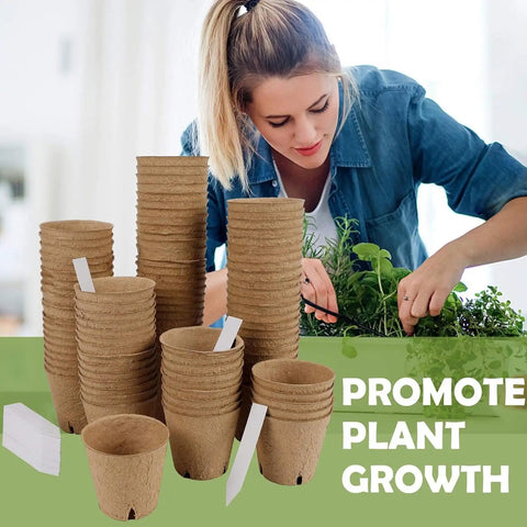 Stack of round paper pulp seedling pots with labels, woman gardening nearby; Seedling Pot Set For Germination Round Nursery Pots For Yard Balcony Garden Breathable Paper Pulp Planters That Support Direct Soil Planting And Promote Healthy Root Growth For Flowers Vegetables Succulents.