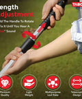 Person adjusting an Adjustable Metal Rake With Collapsible Telescopic Handle for lawn cleanup with icons for features.