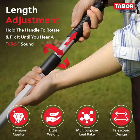 Person adjusting an Adjustable Metal Rake With Collapsible Telescopic Handle for lawn cleanup with icons for features.