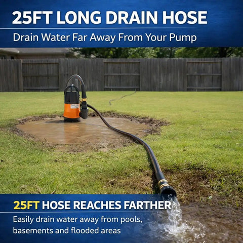 Heavy Duty Submersible Water Pump Kit With 25 Foot Garden Hose And 25 Foot Power Cord Three Quarter HP Utility Pump on lawn