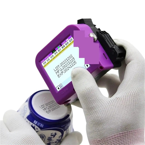 Compact Handheld Label Printer For Bottle Caps And Packaging in use, printing QR codes and production dates on a can.