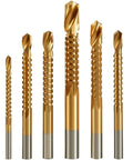 8 Piece Titanium Coated HSS Twist Drill Bit Set Featuring Serrated Side Cutting Edge, shows drill bits for wood, plastic, and metal.