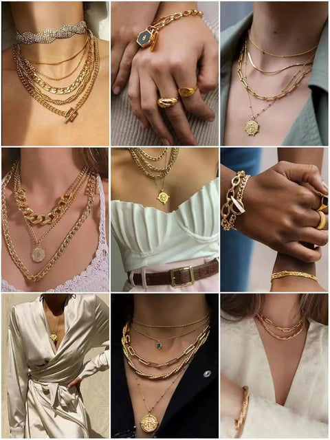 Collage of layered gold necklaces with various pendants and bracelets on models wearing different outfits, showcasing jewelry styles.