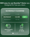Roomba 105X Robot Vacuum With Smart LiDAR Mapping And Beast Mode Power Lifting Suction app interface showing schedule cleaning