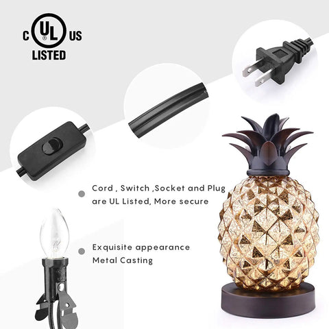 Mercury Glass Pineapple Table Lamp With Golden Finish Lit Diamond Pattern Glow Ideal For Bedroom Dresser Living Room Or Office Decor Bulb Included On Off Cord Switch