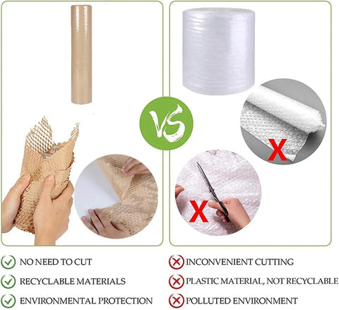 Comparison image of Green Eco Friendly Honeycomb Packing Paper Cushioning Wrap 12 Inch By 200 Ft and traditional bubble wrap, highlighting features.