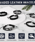 Badass Punk Leather Bracelet Set With Studded Spike Cuffs And Skull Details Kicking Up That Dope 80s Rock Vibe Premium Faux Leather Goth Accessories For Men Women Ready To Rock Out Today. Six black braided faux leather bracelets with silver accents laid on a white plate.