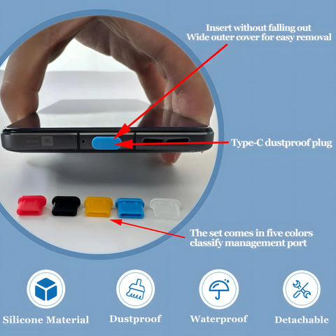 USB C Dust Plug Kit With 25 Silicone Port Plugs In 5 Colors And Cleaning Kit shown on smartphone charging port