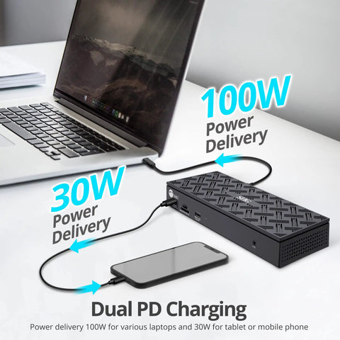 Total Game Changer DisplayLink USB C Dock For Laptop Battlestation Quad 4K 60Hz Monitor Support Sweet 100W PD Charging Hub connected to a laptop.
