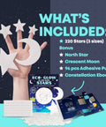 Glow In The Dark Ceiling Stars Kit For Kids Room With 220 Reusable Glow Stars In Three Sizes, Moon And North Star, Constellation E Book.