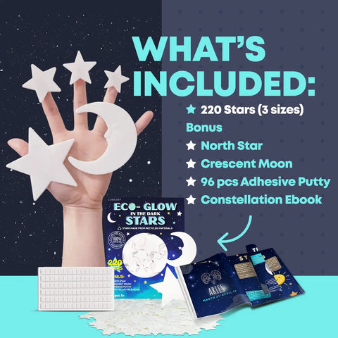 Glow In The Dark Ceiling Stars Kit For Kids Room With 220 Reusable Glow Stars In Three Sizes, Moon And North Star, Constellation E Book.