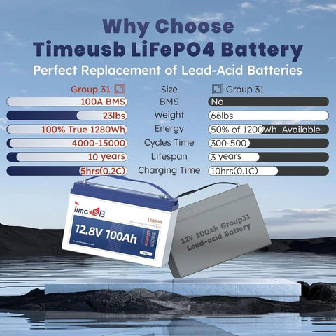 12V 100Ah LiFePO4 Battery With Built In 100A BMS Group 31 Compatible image showing size and features