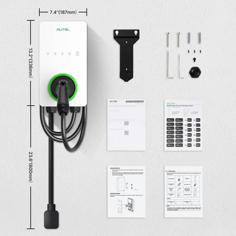 Top Shelf Level Two EV Charger Up To Forty Amps 240 Volt Home Electric Vehicle Charging Station, white, with 25ft cable and installation kit.