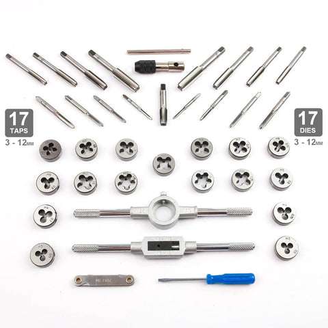 Top view of All-In-One Tap And Die Set For SAE And Metric Threads 80 Piece Premium Kit with taps, dies, and handles arranged neatly.