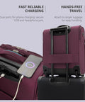 Underseat Carry On Luggage With USB Port 16 Inch Two Wheel Spinner Bag For Airlines Lightweight Cabin Suitcase for Men and Women Pilots and Crew, grape red luggage with USB charging feature and attached to larger suitcase.