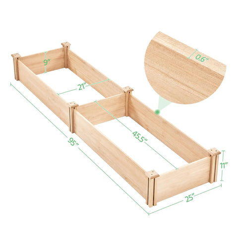 Dual Section Divisible Wooden Raised Garden Bed 8 By 2 Feet Elevated Planter Box For Flowers Vegetables And Herbs Ideal For Backyard Or Patio Outdoor Natural Wood Construction with dimensions